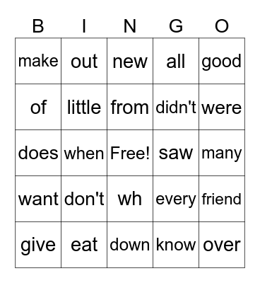 Sight Words Bingo Card