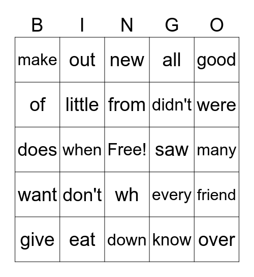 Sight Words Bingo Card