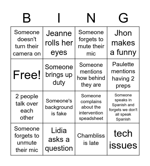 WL Department Meeting Bingo Card