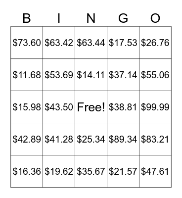 Functional Money Math Bingo Card