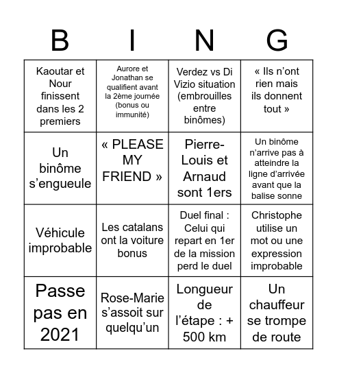 Pékin Express Bingo Card