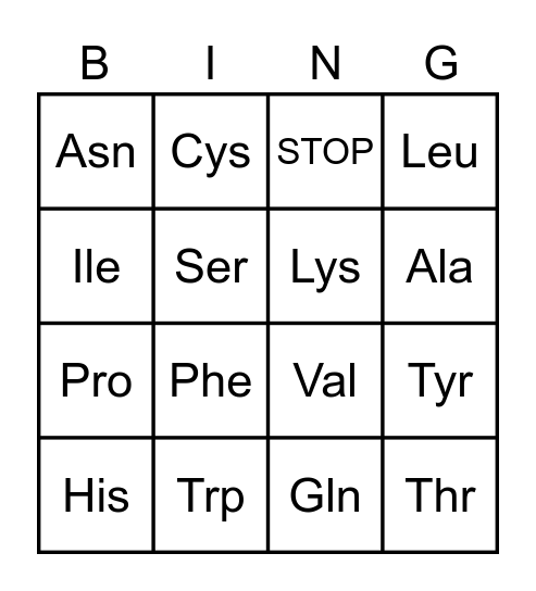 Codon Bingo Card