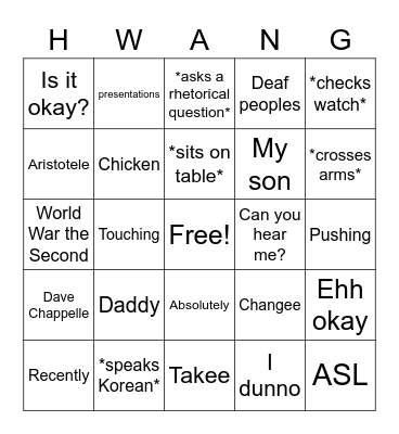 Hwang Bingo Card