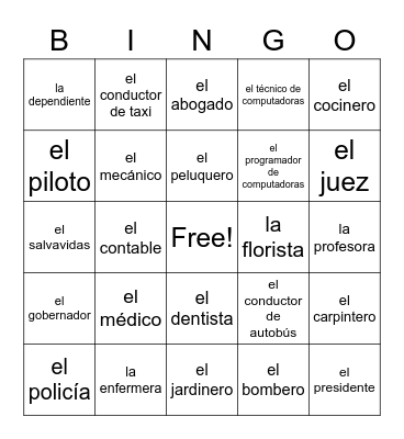 Las Ocupaciones Bingo Card