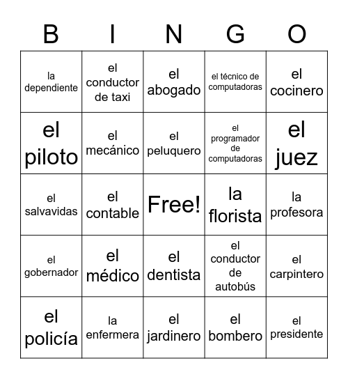 Las Ocupaciones Bingo Card