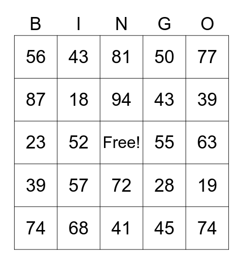 2 and 3 digit number Bingo Card