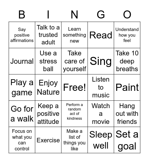 Coping Skills Bingo Card