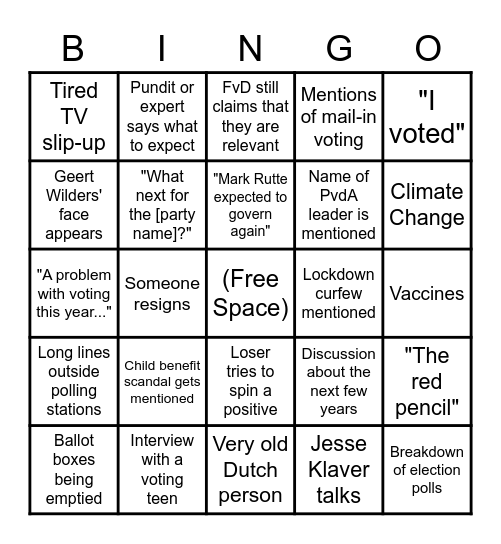 2021 Dutch Election Bingo Card