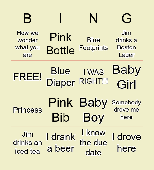 Gender Reveal Party Bingo Card