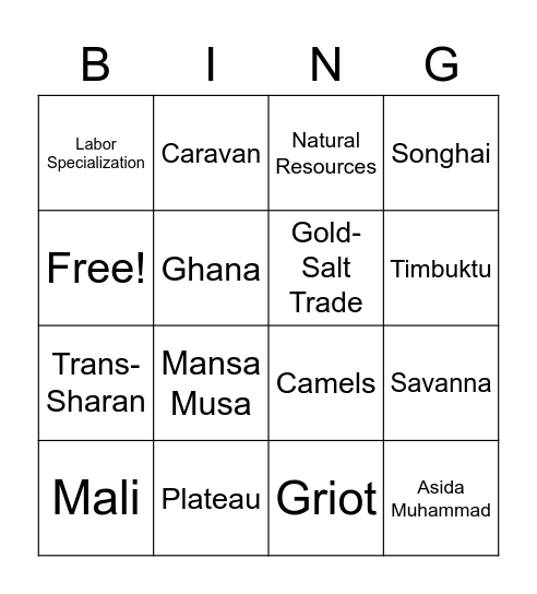 West African Empire Bingo Card