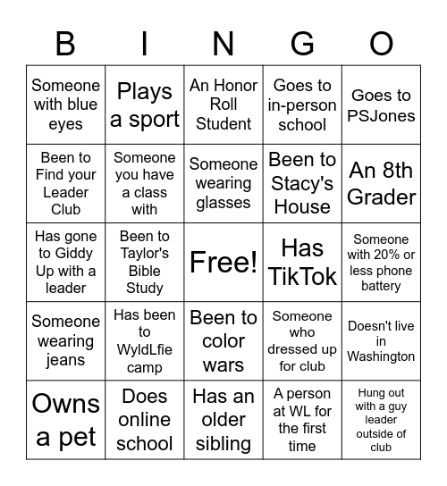 WyldLife Bingo Card