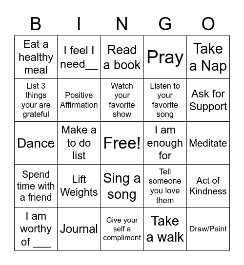 Coping Skills Bingo Card