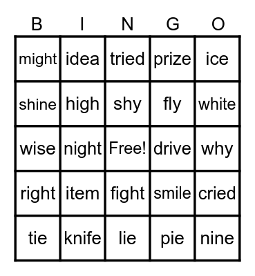 Long I Bingo Card