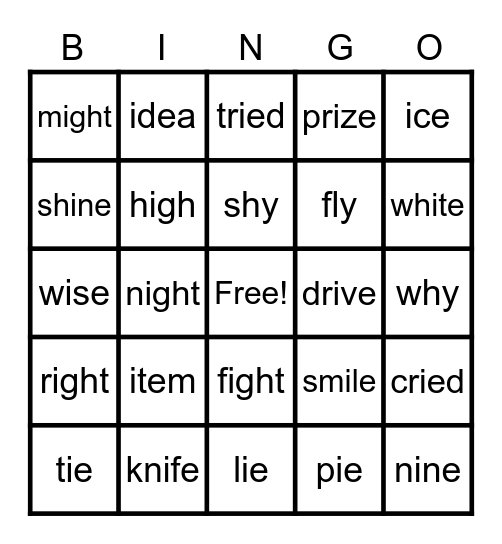 Long I Bingo Card