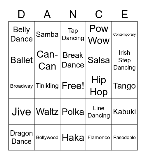 Dances Around the World Bingo Card