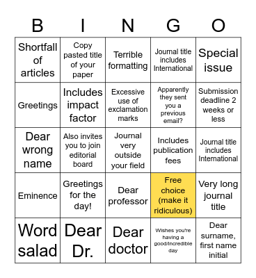Predatory Journal Bingo Card