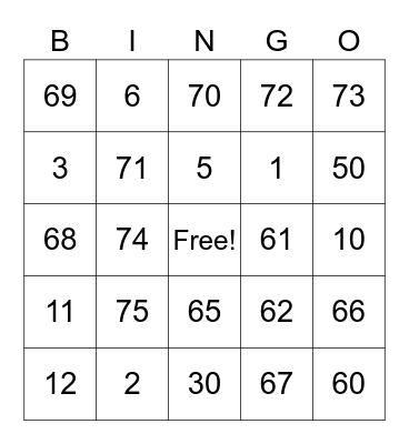 Number Bingo 1-75 Bingo Card