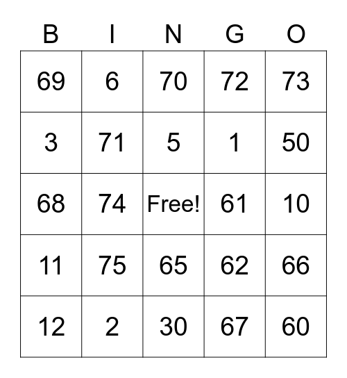 Number Bingo 1-75 Bingo Card