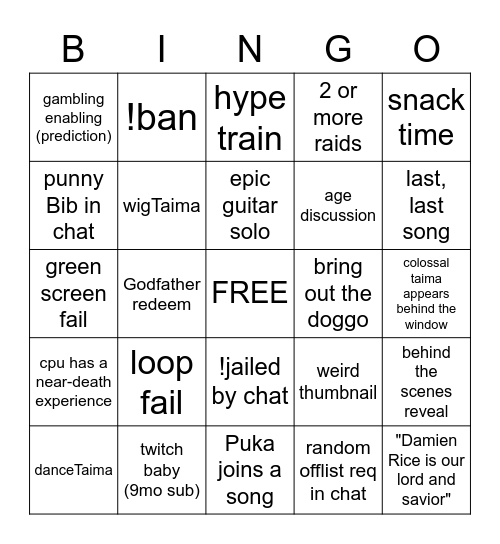 bingoTaima Bingo Card