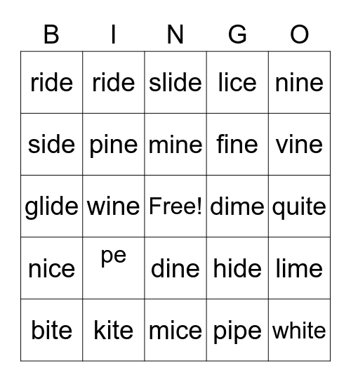 Long i 😀 Bingo Card