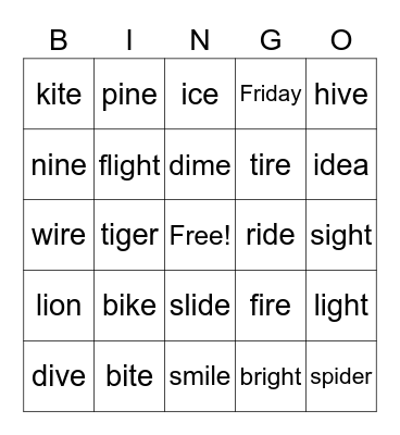Long /i/ Bingo Card