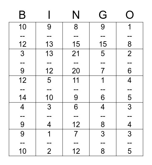 Fraction BINGO Card