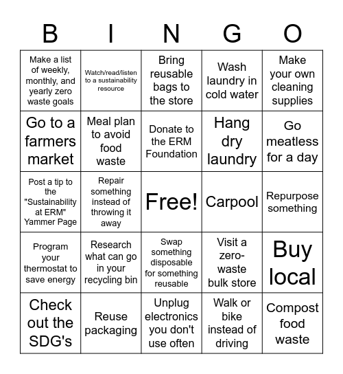 SUSTAINABLE LIVING BINGO Card