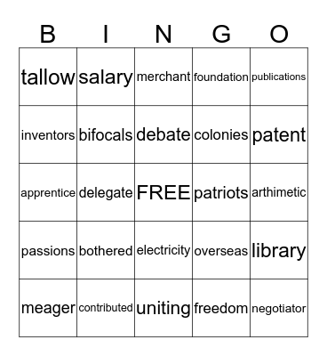 Ben Franklin Bingo Card