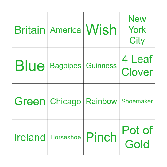 St Patrick's Day Bingo Card