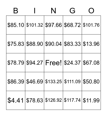 Adding/Subtracting Money! Bingo Card