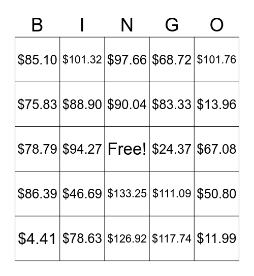 Adding/Subtracting Money! Bingo Card