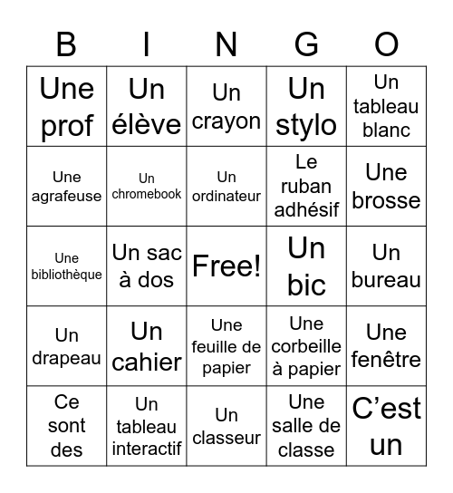 Dans La Classe Bingo Card