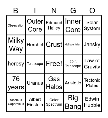 Astronmy Bing Bingo Card