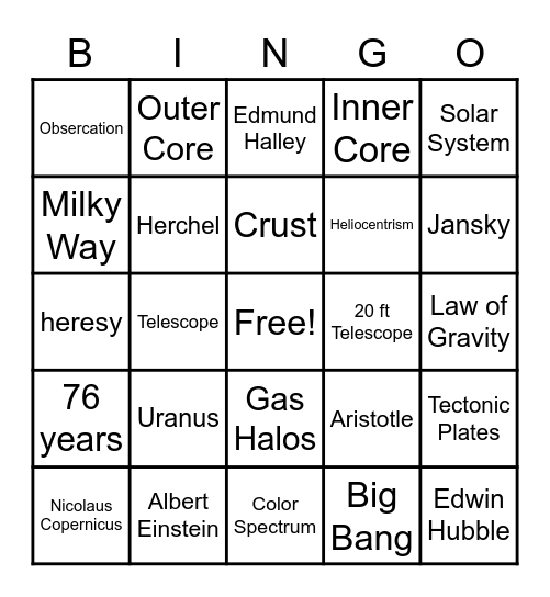 Astronmy Bing Bingo Card