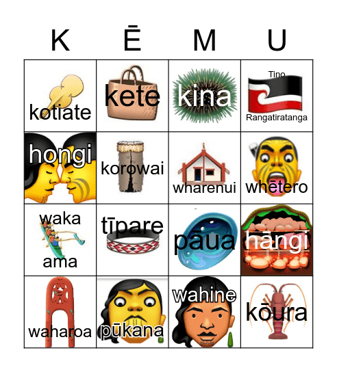 Kupu Māori Bingo Card