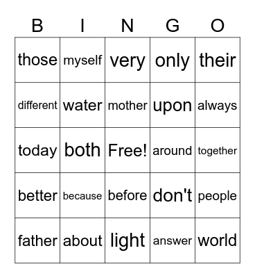 2nd Grade Sight Words Bingo Card