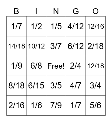 Equivalent Fractions Bingo Card