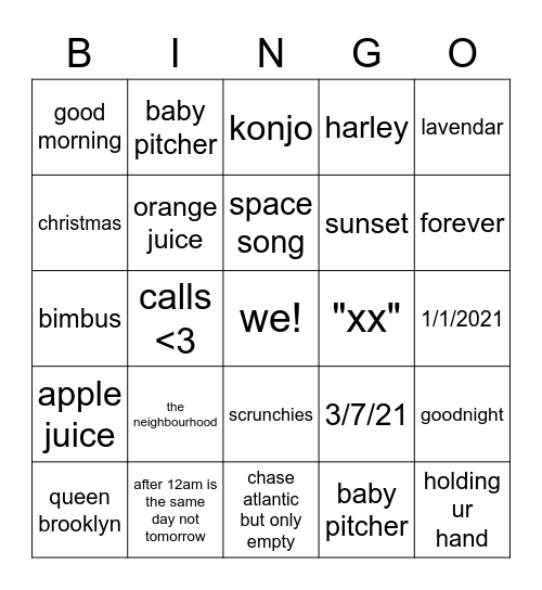 for z girl i like Bingo Card