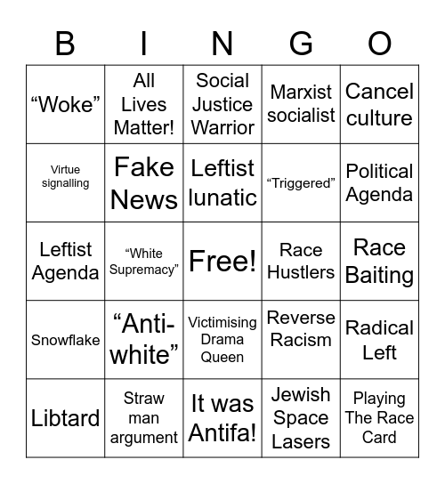 All Lives Matter Bingo Card