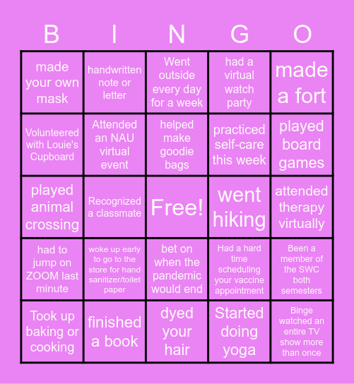 Social Work Club BINGO Card