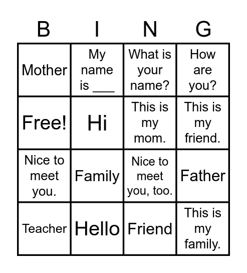 English Class Bingo!!!! Bingo Card
