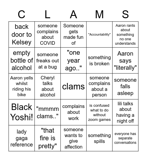 Clam slam in person Bingo Card