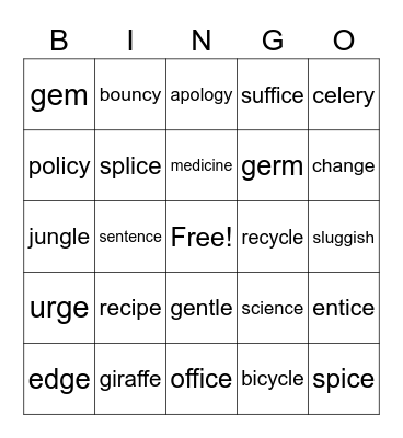 Ce, Ci, Cy, and Ge, Gi, Gy CHALLENGE Bingo Card