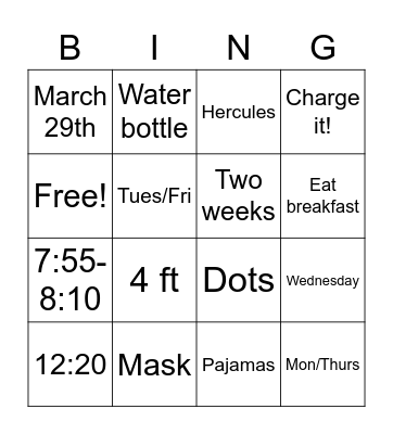 Back-to-Campus Bingo Card