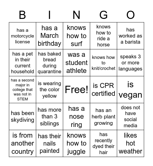 March 11th Bingo Card