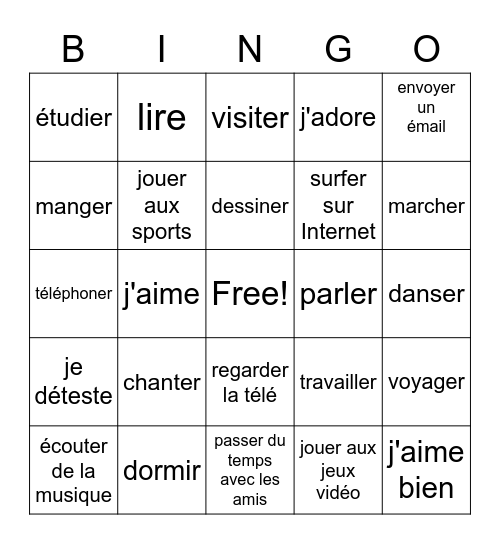 vocabulaire: Qu'est-ce que tu aimes? Bingo Card