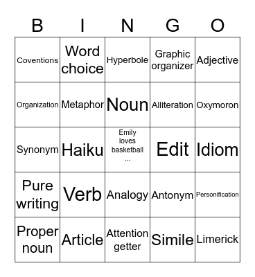 Emily's Bingo Card Bingo Card