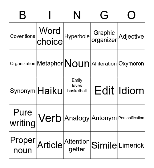 Emily's Bingo Card Bingo Card