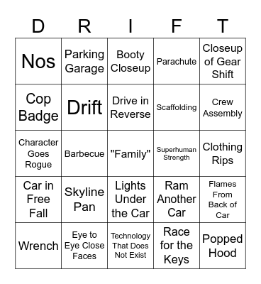 Fast and the Furious Bingo Card