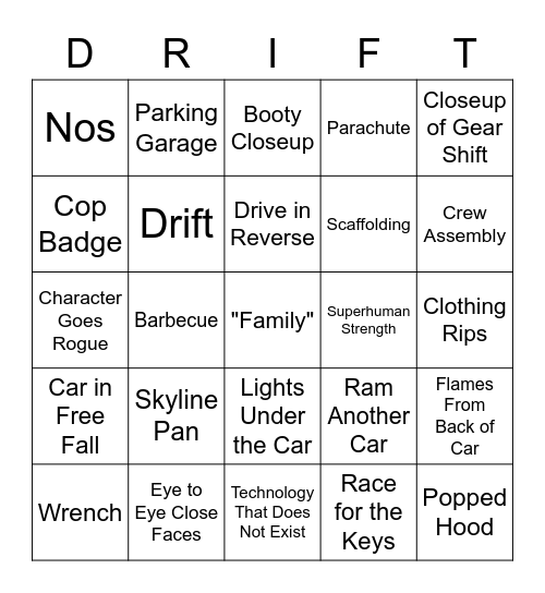 Fast and the Furious Bingo Card